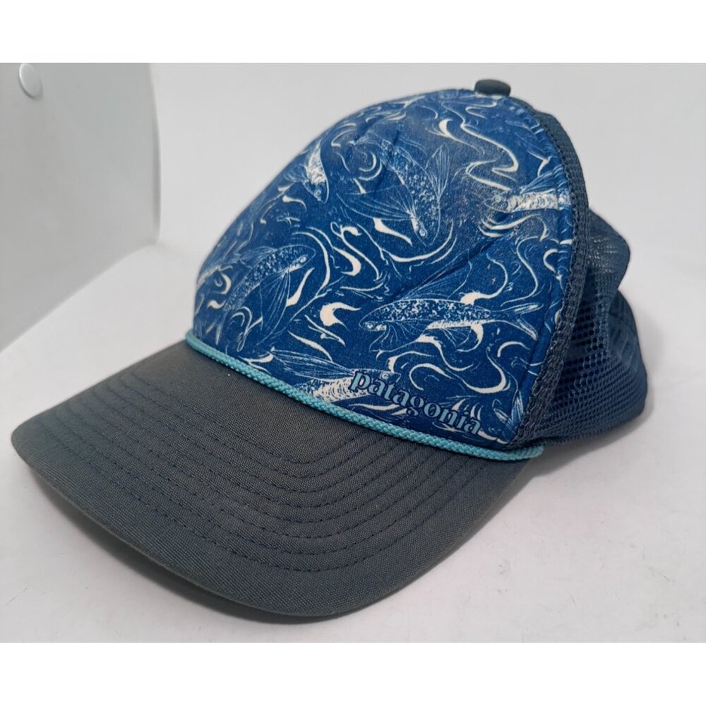 Patagonia Blue Flying Fish Print Mesh Trucker Hat Adjustable Polyester Waves Bal